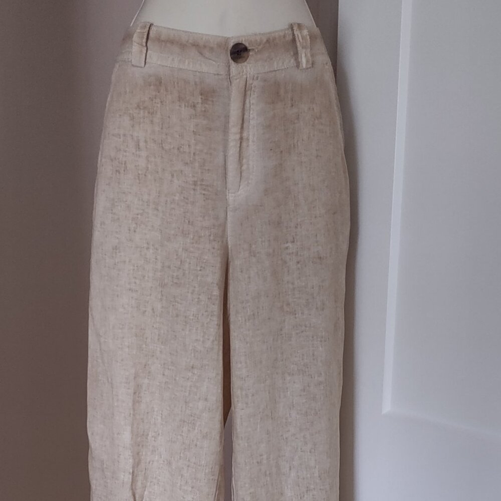 ZARA NWT Full Length Beige Bronze Linen Blend Trousers Size MEDIUM - Picture 2 of 11